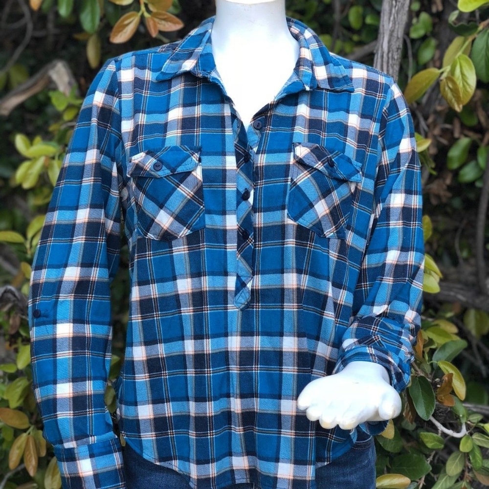 Eden & Olivia Anthropologie Blue Flannel Plaid L